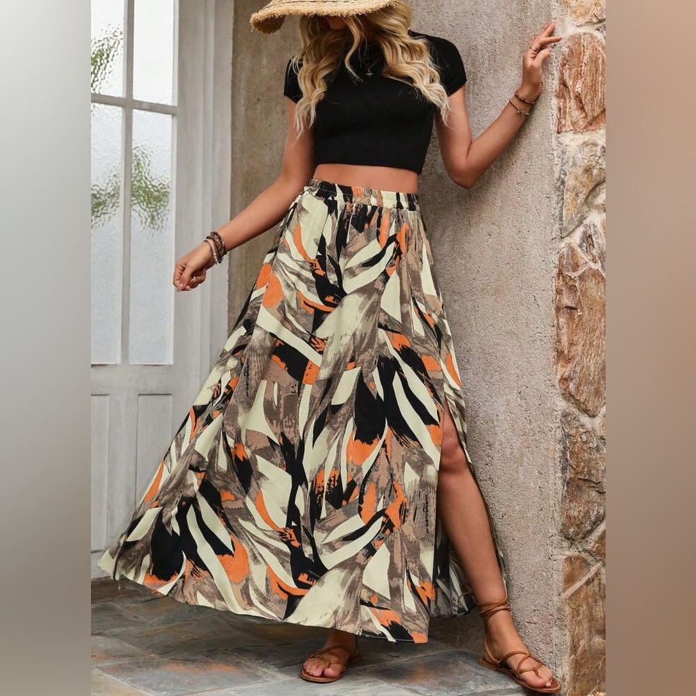 Boho Breeze Maxi Skirt XL Tropical Print with Slit | Orange Black Resort Style - Picture 5 of 7